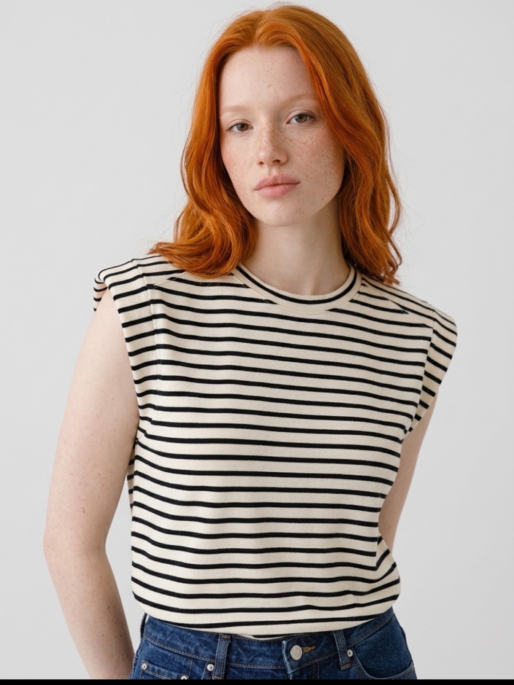English Factory Striped Padded Shoulder Sleeveless Top Black Ivory Size Large